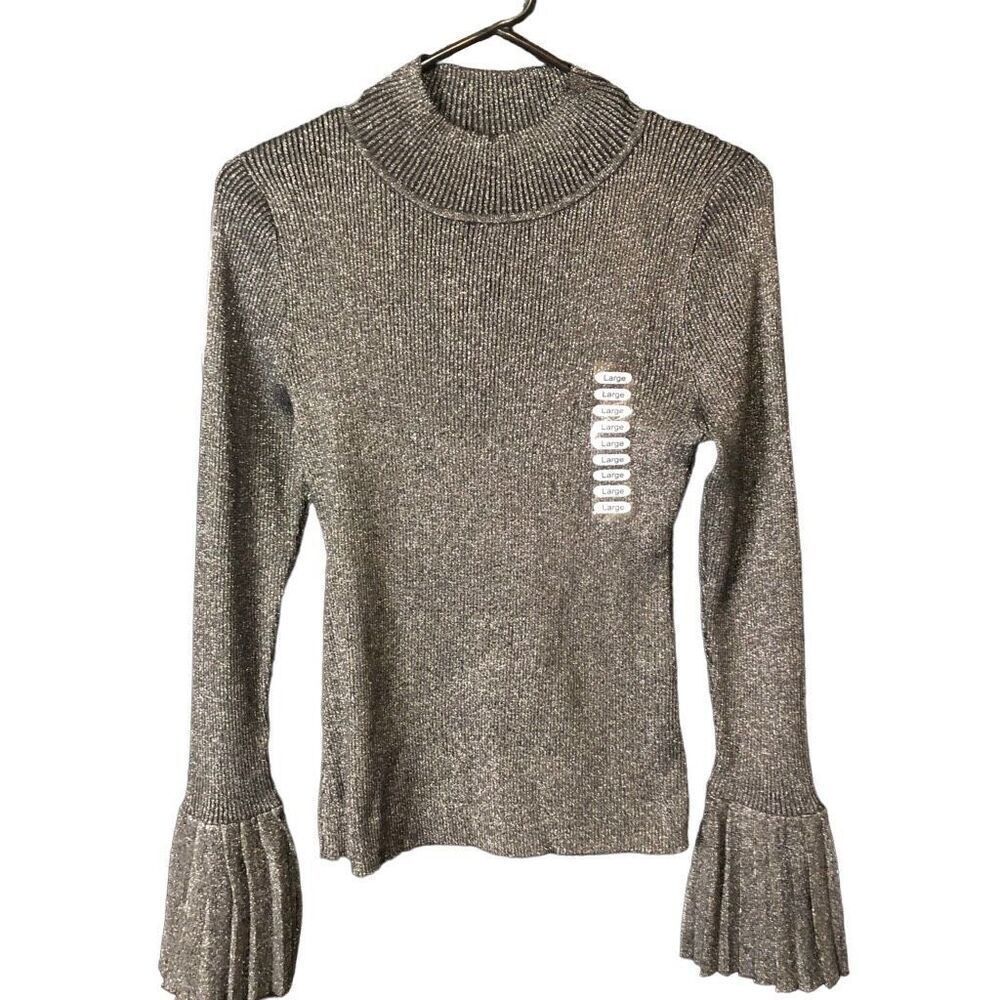 Lucy Paris Womens Sweater L Mallary Pullover Sweater Black Silver Marble Pleated